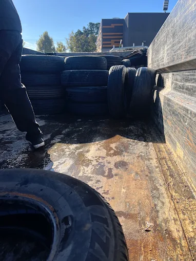 Stack of used tires ready for removal in Salem, Oregon